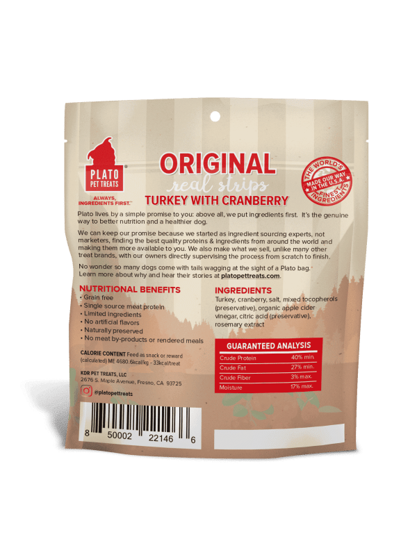 Plato Real Strips Turkey with Cranberry Dog Treats Back