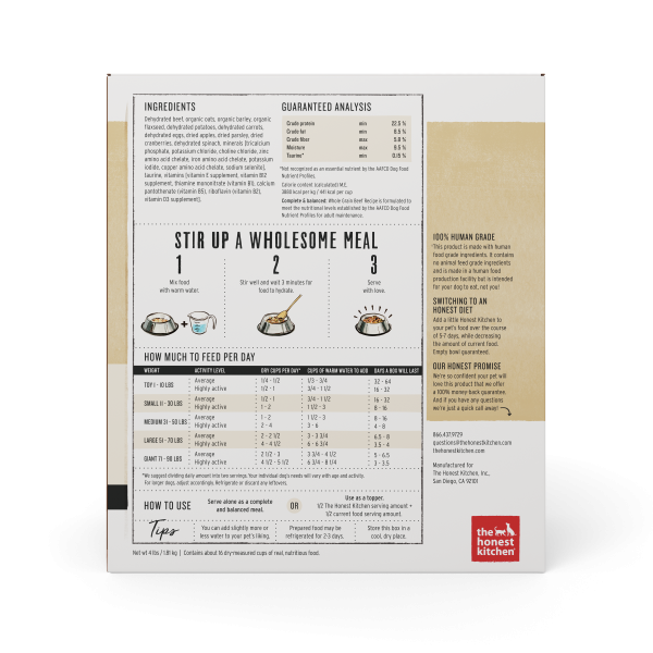 Honest Kitchen Dehydrated Beef Recipe Back