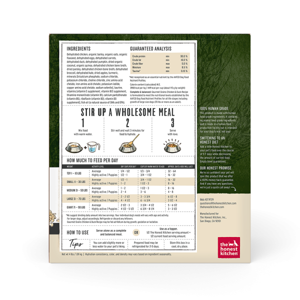 Honest Kitchen Dehydrated Gourmet Grain Chicken & Duck Recipe Back